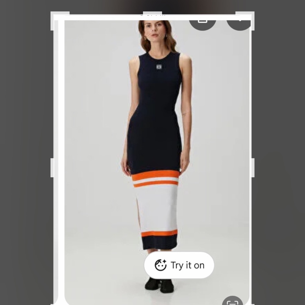 Loewe Dark Navy Blue Midi Dress with Orange and White Accents NWT